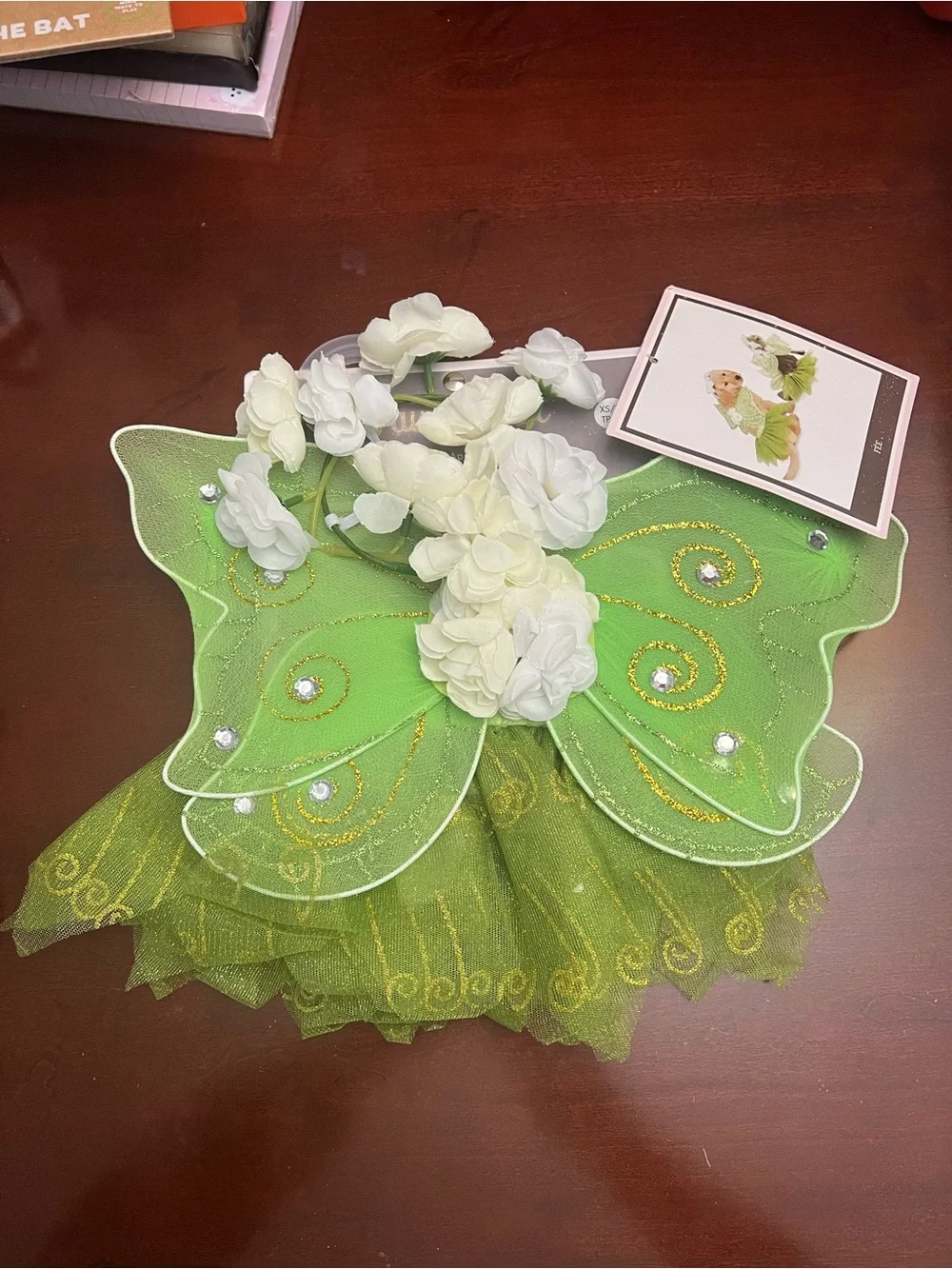 Sparkly Green Fairy Pet Costume - 3 Piece Set (Wings, Skirt, Floral Headpiece)